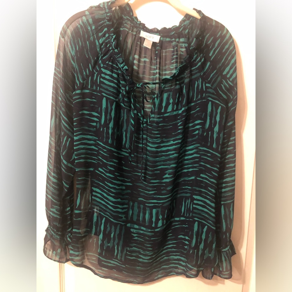 LOFT Sheer Blouse with Black & Green Abstract Stripe Print